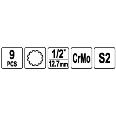 1/2" Galvučių smūginių su antgaliais rinkinys (SPLINE) (9vnt) 2 1/2" Galvučių smūginių su antgaliais rinkinys (SPLINE) (9vnt) 2