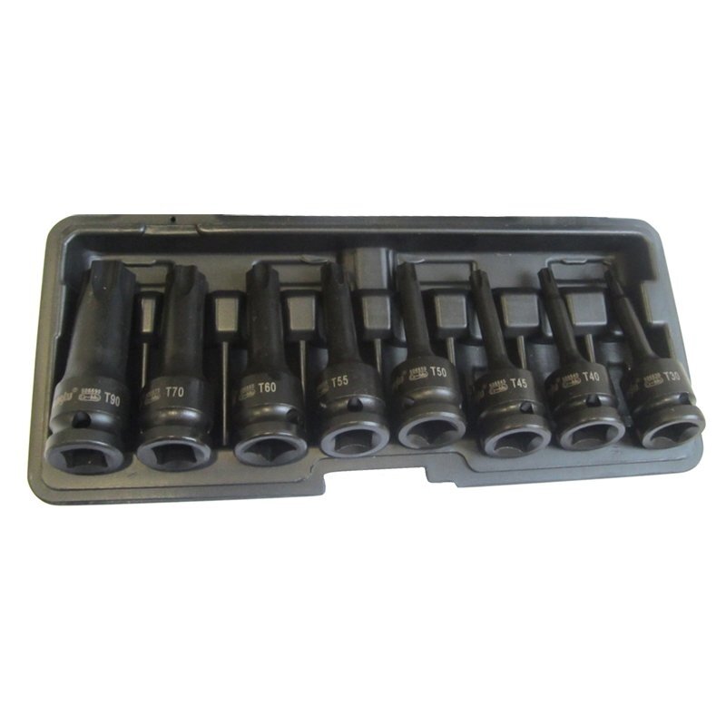 1/2" Prailgintų galvučių smūginių su antgaliais rinkinys (TORX) 8vnt. 1/2" Prailgintų galvučių smūginių su antgaliais rinkinys (TORX) 8vnt.