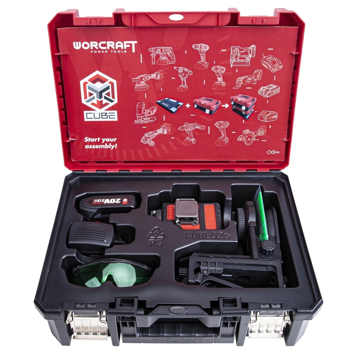 Akumuliatorinis kryžminių linijų nivelyro 3x3D rinkinys (žalias lazeris) 20V 2.0Ah LI-ION (XCUBE dėžė) 1