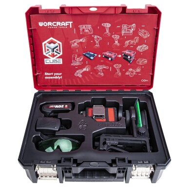 Akumuliatorinis kryžminių linijų nivelyro 3x3D rinkinys (žalias lazeris) 20V 2.0Ah LI-ION (XCUBE dėžė) 1