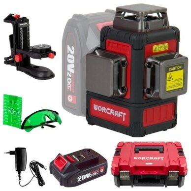 Akumuliatorinis kryžminių linijų nivelyro 3x3D rinkinys (žalias lazeris) 20V 2.0Ah LI-ION (XCUBE dėžė) 2