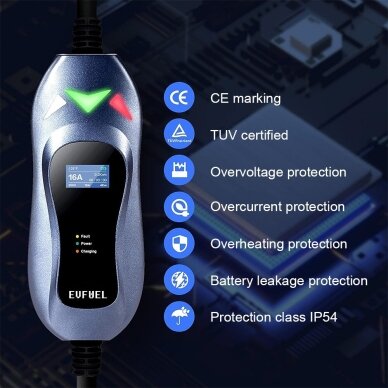 EV Įkroviklis nešiojamas 3.6kW 16A EVFUEL Type 2 2