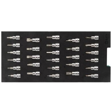 Padėklas. Galvučių su antgaliais rinkinys 3/8" (pl./PH/PZ/HEX/torx) 28vnt. 2
