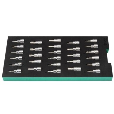 Padėklas. Galvučių su antgaliais rinkinys 3/8" (pl./PH/PZ/HEX/torx) 28vnt.