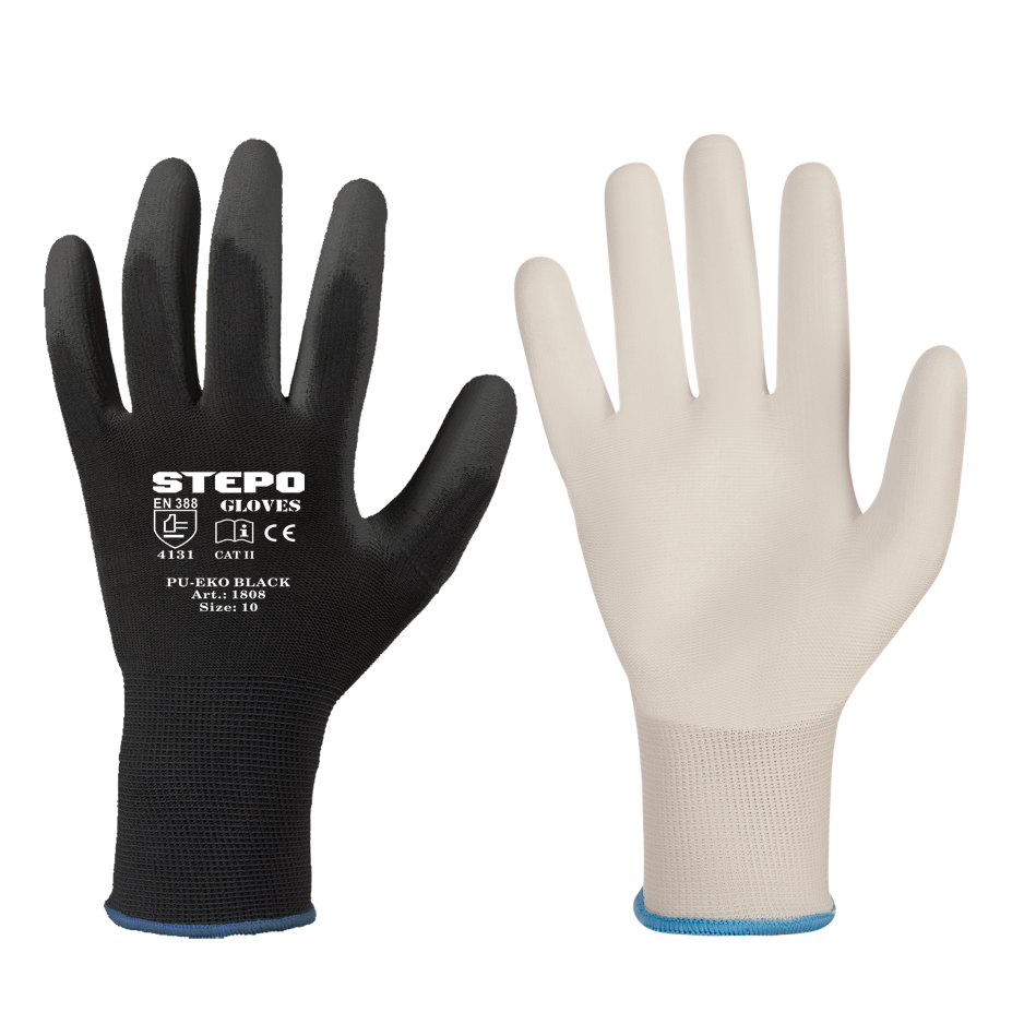Pirštinės darbui aplietos PU-EKO Juodos/Baltos Pirštinės darbui aplietos PU-EKO Juodos/Baltos