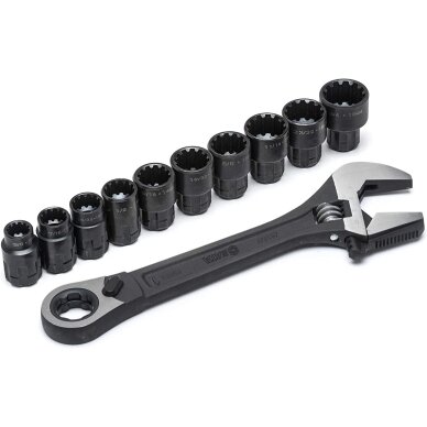 Regul. graduot. raktas su terkšle ir galvutėmis rinkinys 11vnt. (10-19mm) Regul. graduot. raktas su terkšle ir galvutėmis rinkinys 11vnt. (10-19mm)