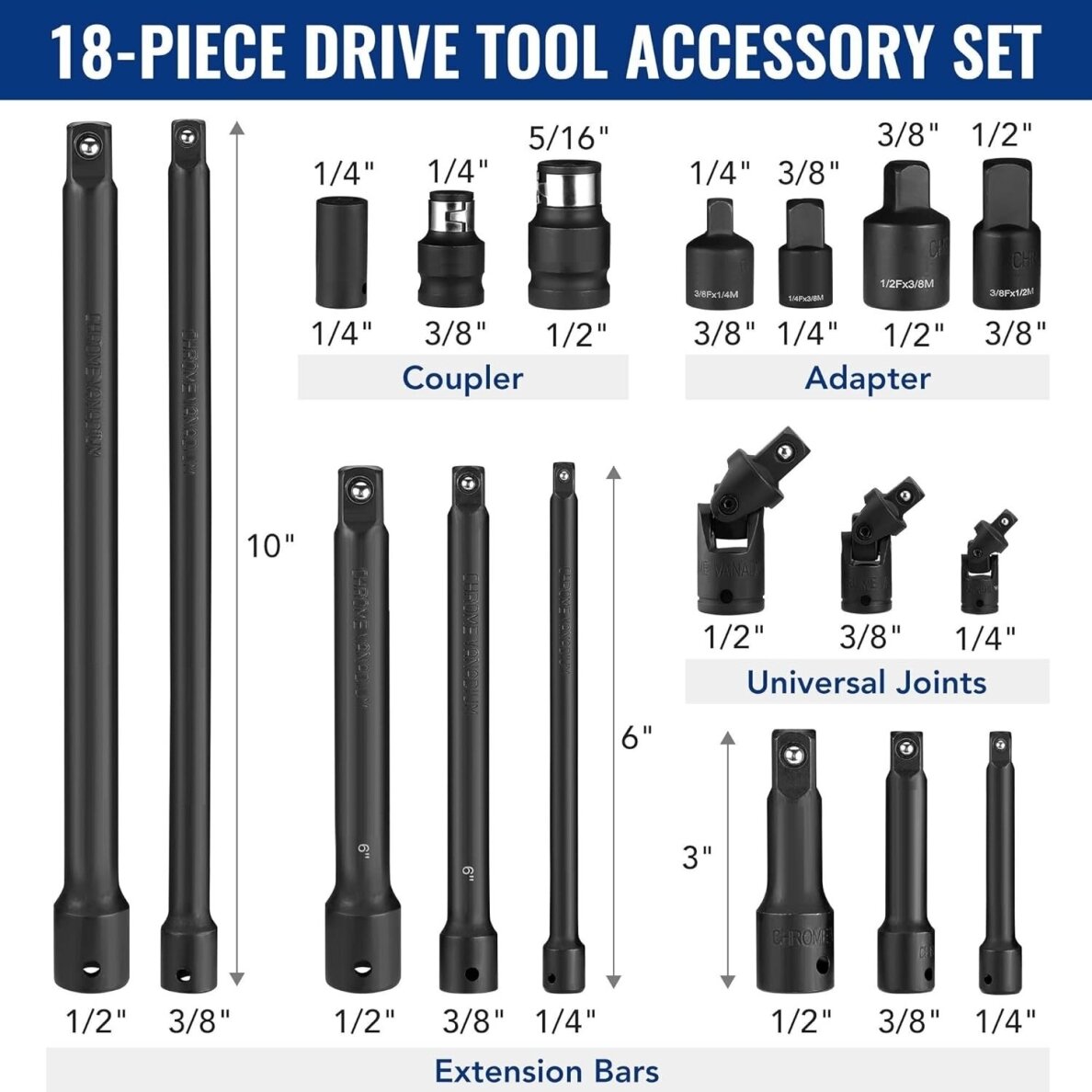 Smūginių prailgintojų ir adapterių rinkinys 1/4"+3/8"+1/2" 18vnt. 1 Smūginių prailgintojų ir adapterių rinkinys 1/4"+3/8"+1/2" 18vnt. 1
