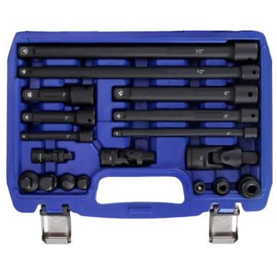 Smūginių prailgintojų ir adapterių rinkinys 1/4"+3/8"+1/2" 18vnt. Smūginių prailgintojų ir adapterių rinkinys 1/4"+3/8"+1/2" 18vnt.